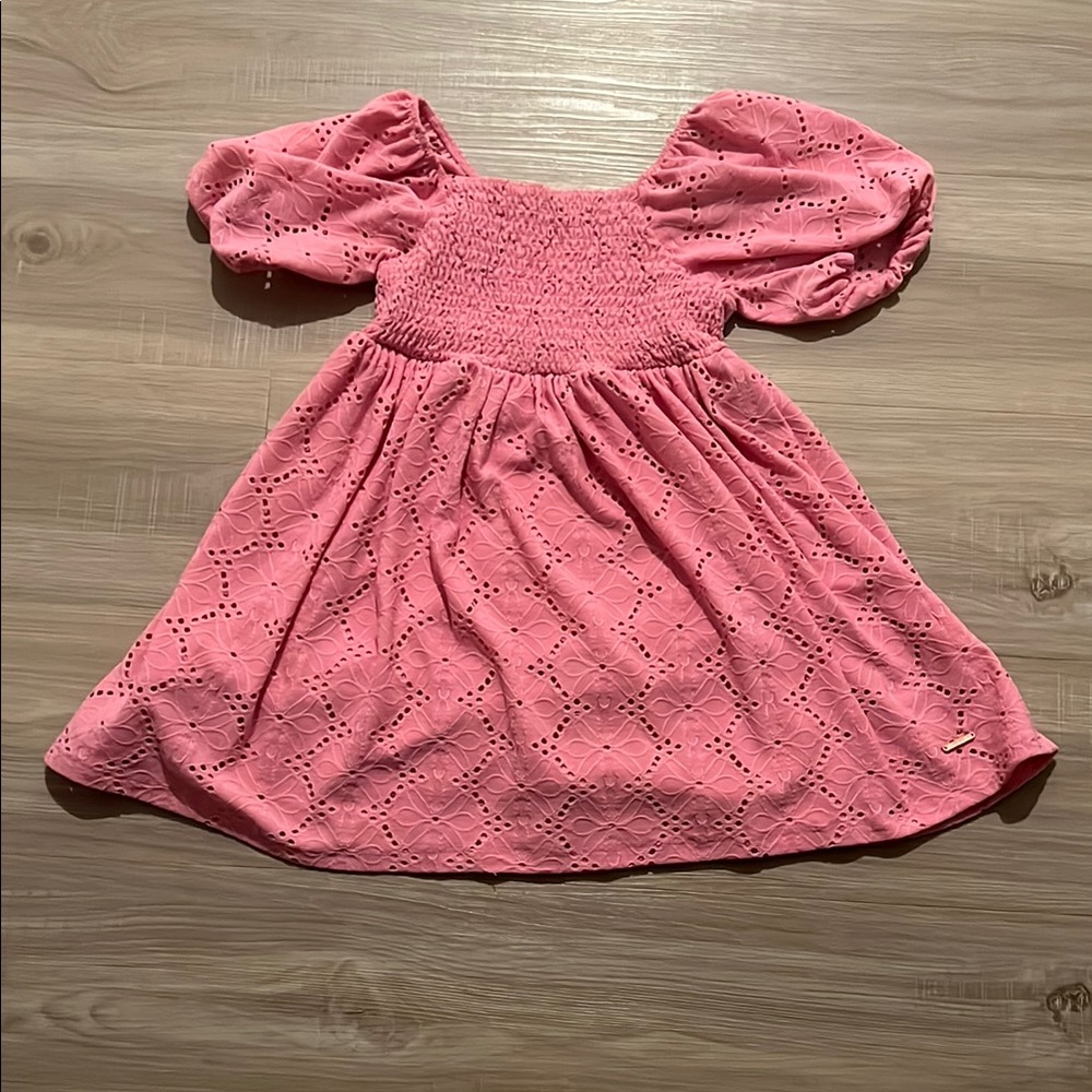 Tahari Pink Eyelet Puff Sleeve Dress
